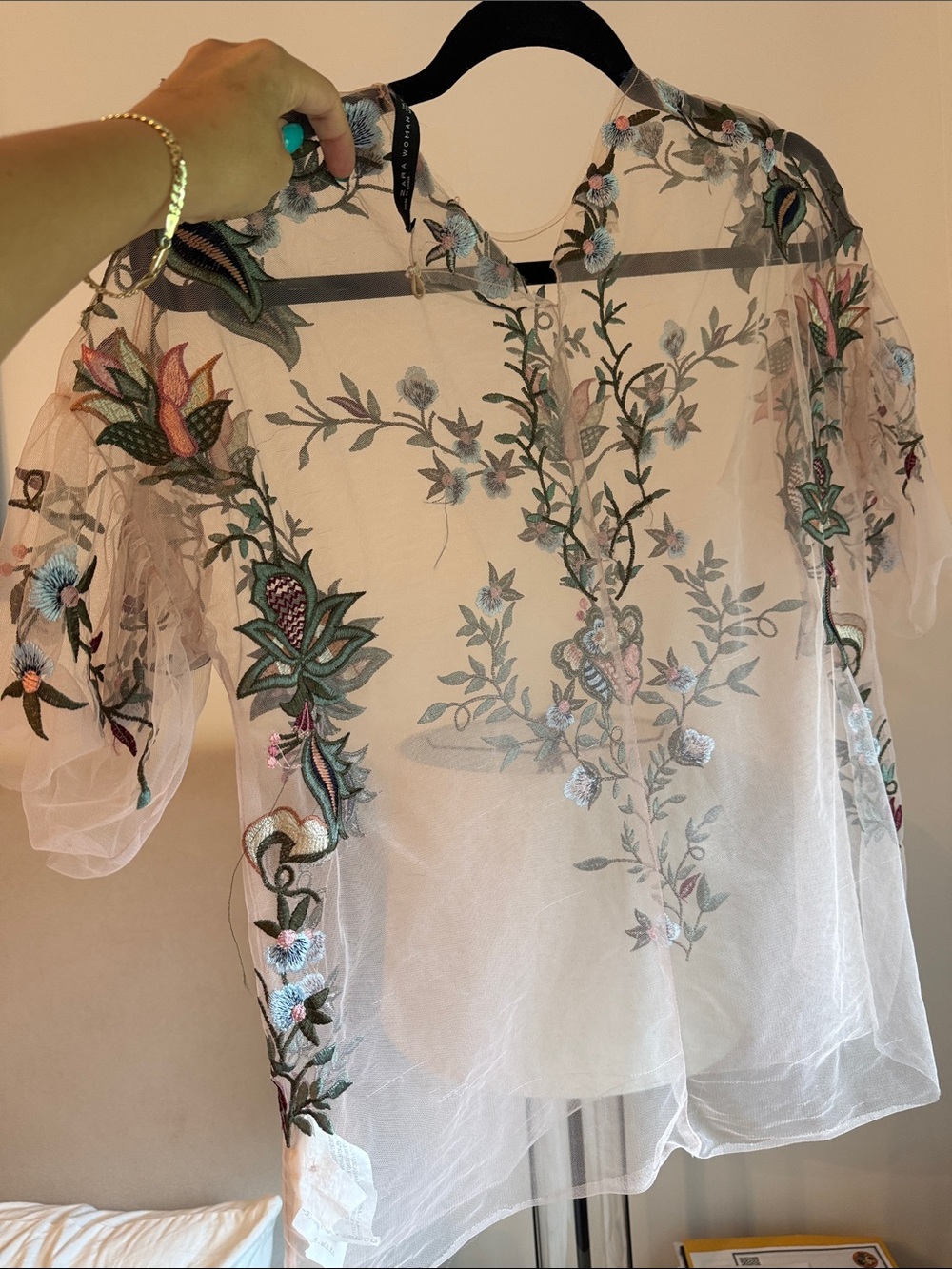 Zara Sheer Embroidered Floral Blouse in light pink with Green & Pink Accents